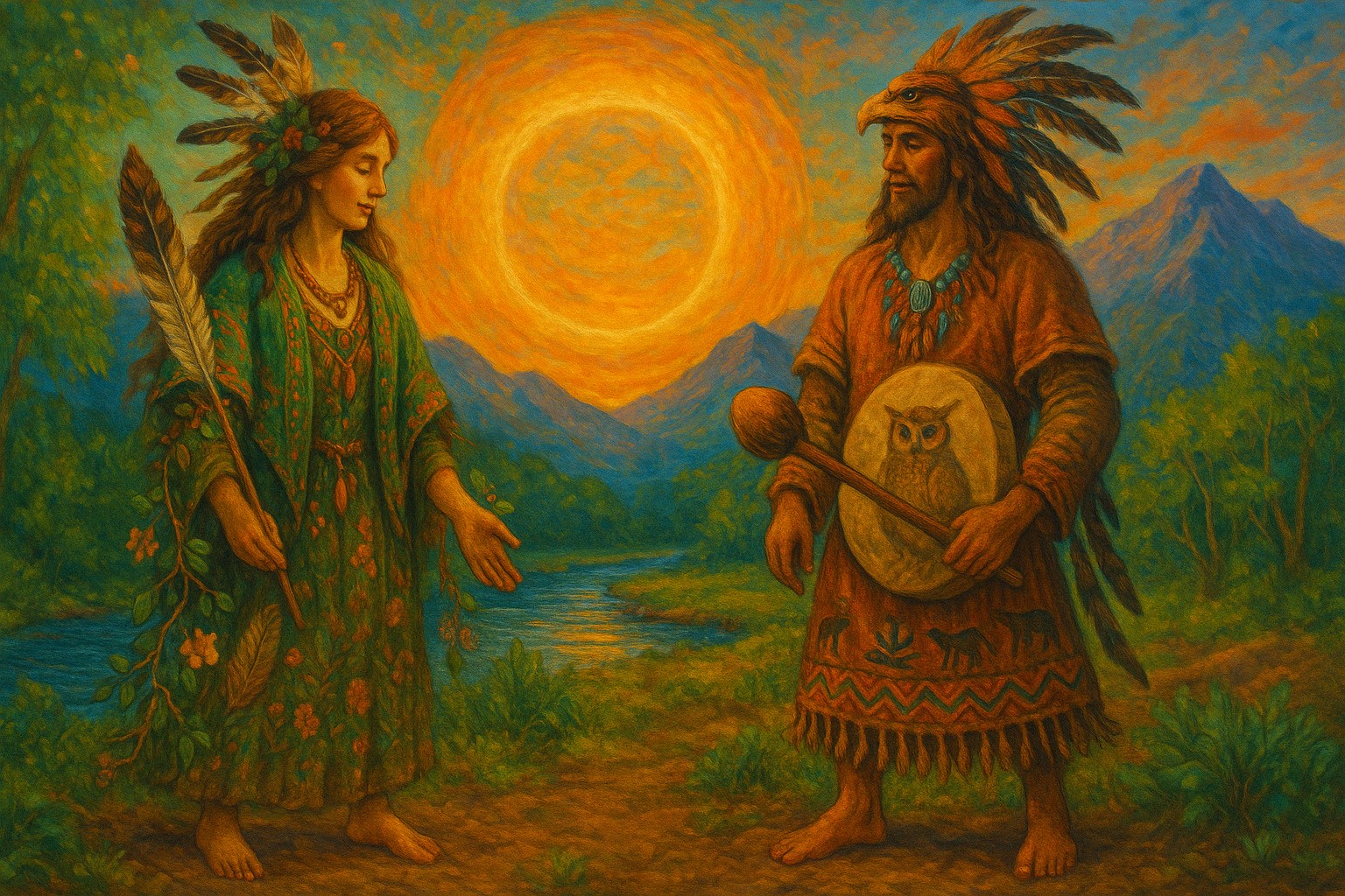 A serene spiritual retreat in nature representing the healing of parental relationships through divine archetypes