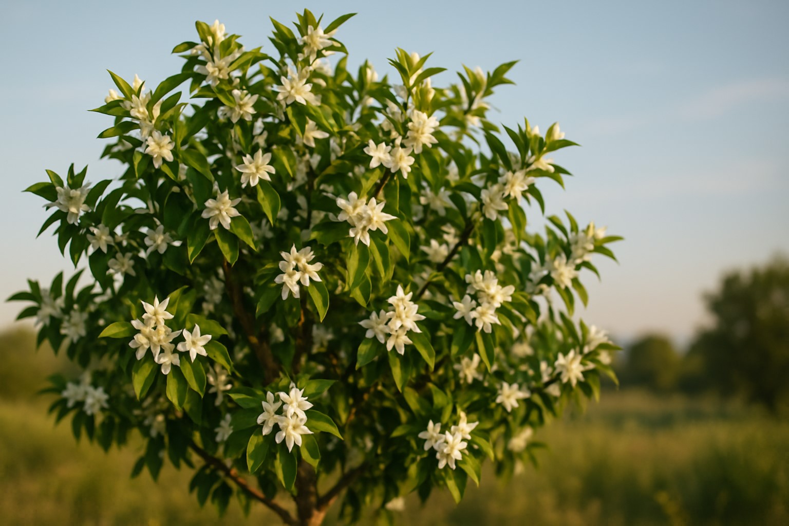A beautiful white orange blossom, known as azahar, on a leafy green branch, symbolizing a new beginning in life's cycles.